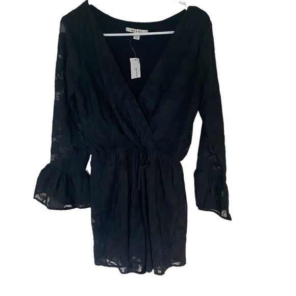 Miami NEW black bell bottom sleeves lace faux wrap medium romper - Picture 1 of 5